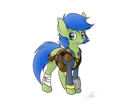 Size: 900x776 | Tagged: bandage, clothes, derpibooru import, fallout, fallout equestria, fallout equestria: homelands, fallout equestria: project horizons, oc, oc:scotch tape, pipbuck, safe, simple background, solo, transparent background, unofficial characters only, utility belt, vault suit