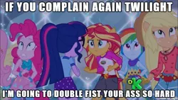 Size: 610x343 | Tagged: suggestive, derpibooru import, edit, edited screencap, screencap, applejack, fluttershy, pinkie pie, rainbow dash, rarity, sci-twi, sunset shimmer, twilight sparkle, equestria girls, legend of everfree, caption, discovery kids, humane five, humane seven, humane six, meme, ponied up