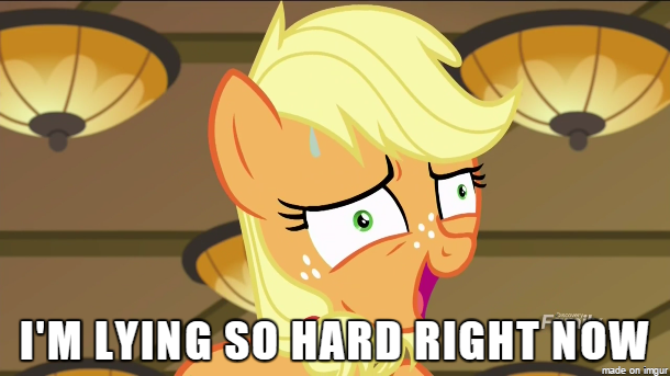 Size: 610x343 | Tagged: ah didn't listen, applejack, derpibooru import, edit, edited screencap, exploitable meme, faic, i didn't listen, image macro, liar face, liarjack, meme, safe, screencap, solo, sweatdrop, teenage applejack, where the apple lies