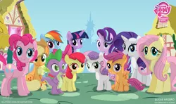 Size: 3328x1974 | Tagged: safe, artist:shutterflyeqd, derpibooru import, apple bloom, applejack, fluttershy, pinkie pie, rainbow dash, rarity, scootaloo, spike, starlight glimmer, sweetie belle, twilight sparkle, twilight sparkle (alicorn), alicorn, pony, anniversary, cutie mark crusaders, female, filly, happy birthday mlp:fim, looking at you, mane seven, mane six, mlp fim's sixth anniversary, my little pony logo, ponyville, the cmc's cutie marks, twilight's castle