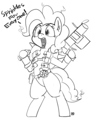 Size: 1280x1568 | Tagged: safe, artist:pabbley, derpibooru import, pinkie pie, pony, bipedal, crossover, explosives, grayscale, grenade launcher, junkrat, monochrome, overwatch, pinkrat, simple background, solo, yelling
