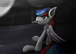 Size: 4900x3500 | Tagged: safe, artist:raptorpwn3, derpibooru import, oc, oc:pedals, unofficial characters only, pegasus, pony, anatomically incorrect, cigarette, crying, dark, depression, moon, night, rain, sad, smoking, solo