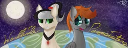 Size: 4140x1575 | Tagged: safe, artist:kayosdrive, derpibooru import, oc, unofficial characters only, earth pony, pegasus, pony, equestria, female, glasses, grin, jewelry, mare, moon, signature, smiling, space, stars, text