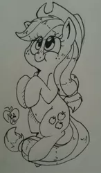 Size: 747x1280 | Tagged: safe, artist:notenoughapples, derpibooru import, applejack, pony, belly button, bipedal, inktober, monochrome, sketch, solo, traditional art