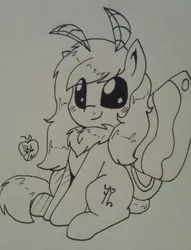 Size: 980x1280 | Tagged: artist:notenoughapples, derpibooru import, inktober, monochrome, mothpony, oc, oc:scarlet strings, original species, safe, sitting, solo, traditional art, unofficial characters only