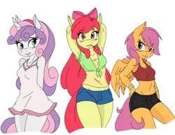 Size: 1280x989 | Tagged: safe, artist:ambris, artist:fluttershysone, derpibooru import, edit, apple bloom, scootaloo, sweetie belle, anthro, earth pony, pegasus, unicorn, adorabloom, arm behind back, arm behind head, armband, armpits, belly button, clothes, colored, cute, cutealoo, cutie mark crusaders, denim shorts, diasweetes, dress, ear piercing, earring, female, food, frilly dress, front knot midriff, green eyes, hand on hip, happy, hay stalk, headband, jewelry, looking at you, midriff, necklace, older, orange eyes, orange fur, piercing, ponytail, purple eyes, sexy, short hair, shorts, simple background, smiling, smug, sports bra, straw in mouth, sultry pose, tail, tanktop, teenager, thighs, trio, trio female, wheat, white background, wings, yellow fur
