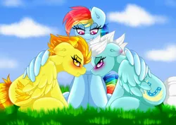 Size: 1280x904 | Tagged: artist:xelectrobeats, blushing, derpibooru import, embarrassed, female, fleetfire, fleetfoot, lesbian, now kiss, rainbow dash, rainbow the shipper, safe, shipper on deck, shipping, spitfire, tsundere