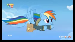 Size: 1920x1080 | Tagged: safe, derpibooru import, screencap, rainbow dash, pegasus, pony, top bolt, bomber jacket, clothes, cute, dashabetes, female, flying, jacket, mare, saddle bag, solo