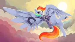 Size: 3840x2160 | Tagged: safe, artist:dimfann, derpibooru import, rainbow dash, pegasus, pony, armor, female, flying, horseshoes, looking at you, mare, open mouth, redraw, sky, solo, spread wings, underhoof, wallpaper