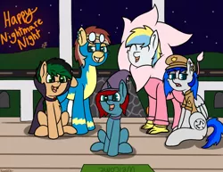 Size: 1056x816 | Tagged: safe, artist:koonzypony, derpibooru import, oc, oc:chocolate pony, oc:cirrus sky, oc:lace works, oc:melting, oc:sapphire sights, oc:starry gaze, unofficial characters only, bat, bat pony, big cat, hippogriff, lion, pegasus, pony, unicorn, vampire, annoyed, chocolate, clothes, costume, excited, eyes closed, fangs, femboy, fluffy, food, frown, grin, halloween, happy, lidded eyes, male, nightmare night, open mouth, piercing, police, police officer, sitting, smiling, smirk, trick or treat, unamused, weeping angel, witch, wonderbolts