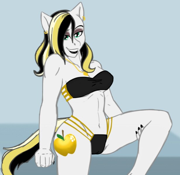 Size: 1280x1247 | Tagged: questionable, artist:blackblood-queen, derpibooru import, oc, oc:golden delicious, unofficial characters only, anthro, earth pony, anthro oc, bikini, breasts, cameltoe, clothes, eyeshadow, female, looking at you, makeup, smiling, solo, solo female, swimsuit