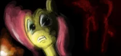 Size: 986x459 | Tagged: artist:mysterious44, dark, derpibooru import, fluttershy, grimdark, gritted teeth, solo, terrified