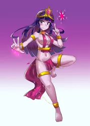 Size: 800x1120 | Tagged: suggestive, artist:tzc, derpibooru import, twilight sparkle, twilight sparkle (alicorn), equestria girls, absolute cleavage, anklet, armlet, barefoot, belly button, belly dancer, belly dancer outfit, big crown thingy, bracelet, breasts, busty twilight sparkle, cleavage, commission, element of magic, feet, female, jewelry, leg bracelet, loincloth, midriff, nail polish, peace sign, raised leg, regalia, sexy, sideboob, slave outfit, smiling, solo, solo female