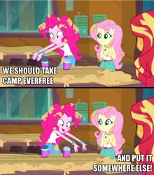 Size: 800x909 | Tagged: safe, derpibooru import, edit, edited screencap, screencap, fluttershy, pinkie pie, sunset shimmer, equestria girls, legend of everfree, caption, meme, patrick star, push it somewhere else patrick, sandy spongebob and the worm, spongebob squarepants