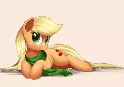 Size: 1950x1378 | Tagged: safe, artist:ncmares, derpibooru import, applejack, earth pony, pony, chest fluff, clothes, cute, ear fluff, female, freckles, hatless, jackabetes, looking at you, loose hair, mare, missing accessory, ncmares is trying to murder us, prone, scarf, signature, smiling, solo