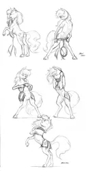 Size: 1000x1984 | Tagged: safe, artist:baron engel, derpibooru import, oc, oc:carousel, unofficial characters only, pony, bipedal, dressing, harness, monochrome, pencil drawing, sketch, traditional art