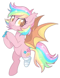 Size: 2500x3235 | Tagged: safe, artist:centchi, artist:hawthornss, derpibooru import, oc, oc:paper stars, unofficial characters only, bat pony, pony, amputee, bandage, bat pony oc, collaboration, cute, cute little fangs, ear fluff, fangs, looking at you, simple background, smiling, solo, transparent background