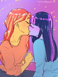 Size: 768x1024 | Tagged: safe, artist:extraluna, derpibooru import, sunset shimmer, twilight sparkle, twilight sparkle (alicorn), equestria girls, blushing, female, kissing, lesbian, shipping, sunsetsparkle