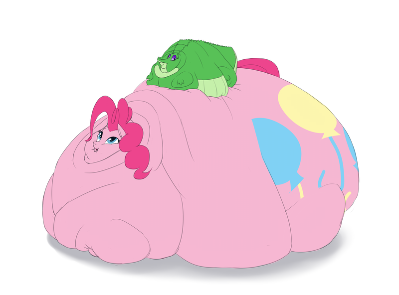 Size: 2028x1500 | Tagged: questionable, artist:calorie, derpibooru import, gummy, pinkie pie, alligator, earth pony, pony, ass, balloonbutt, belly, chubby cheeks, double chin, fat, fat tail, huge butt, impossibly large belly, impossibly large butt, large butt, morbidly obese, near immobile, neck roll, obese, piggy pie, pudgy pie