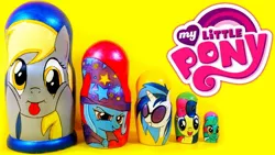 Size: 1280x720 | Tagged: safe, derpibooru import, bon bon, derpy hooves, lyra heartstrings, sweetie drops, trixie, vinyl scratch, pegasus, pony, female, grin, happy, mare, matryoshka doll, my little pony logo, smiling, smirk, tongue out