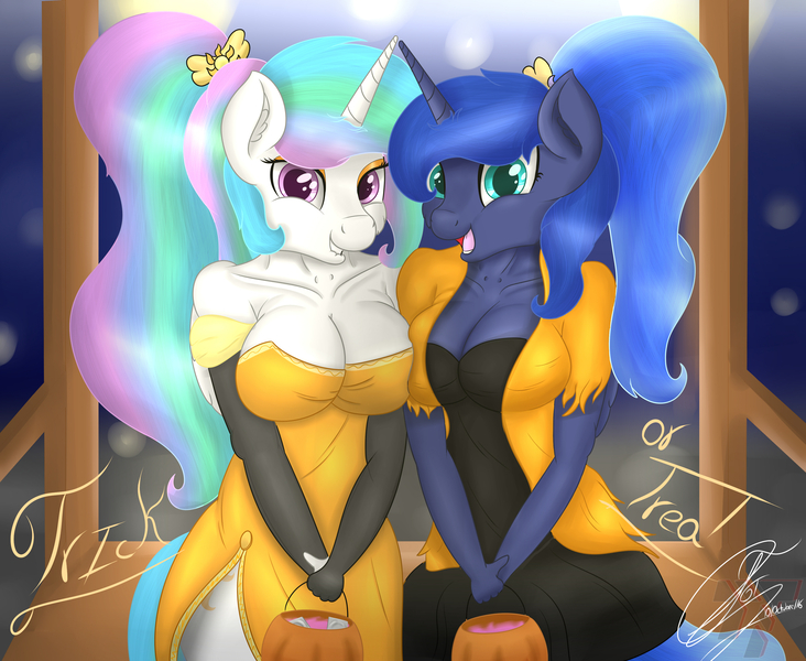 Size: 3476x2850 | Tagged: alicorn, anthro, artist:nexcoyotlgt, breasts, busty princess celestia, busty princess luna, candy, cleavage, clothes, condom, costume, derpibooru import, dress, duo, duo female, female, food, halloween, holiday, looking at you, nightmare night, princess celestia, princess luna, pumpkin bucket, side slit, smiling, suggestive, trick or treat