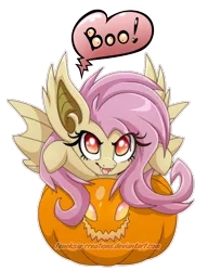 Size: 612x797 | Tagged: safe, artist:extra-fenix, derpibooru import, fluttershy, bat pony, pony, boo, cute, flutterbat, food, halloween, jack-o-lantern, pumpkin, race swap, shyabates, shyabetes, simple background, solo, transparent background