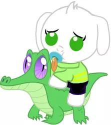 Size: 786x887 | Tagged: safe, artist:red4567, derpibooru import, gummy, ponified, pony, asriel dreemurr, baby, baby goat, baby pony, crossover, cute, pacifier, ponies riding gators, riding, spoilers for another series, undertale, undertale spoilers