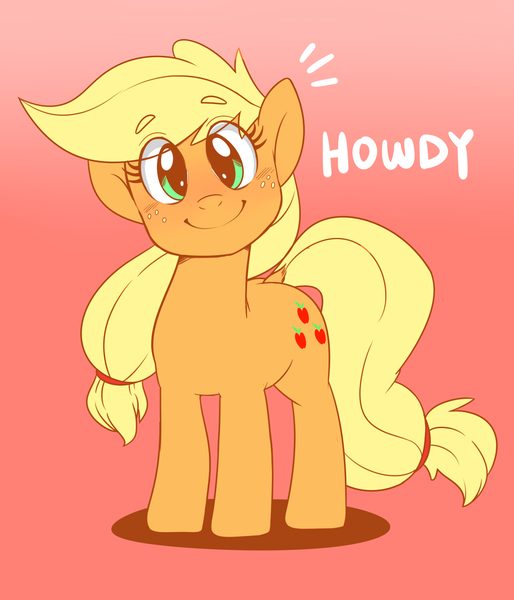 Size: 1280x1493 | Tagged: safe, artist:celine-artnsfw, derpibooru import, applejack, earth pony, pony, cute, dialogue, female, happy, hatless, howdy, jackabetes, looking at you, mare, missing accessory, smiling, smiling at you, solo