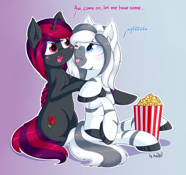 Size: 1600x1500 | Tagged: safe, artist:dsp2003, derpibooru import, oc, oc:radiance the zony, oc:silkenshire rose, unofficial characters only, hybrid, pony, unicorn, zony, female, food, open mouth, pfft, popcorn, siblings, simple background, single panel, tongue out