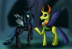 Size: 2629x1813 | Tagged: artist:lunaying, changedling, changeling, changeling king, changeling queen, derpibooru import, duo, king thorax, queen chrysalis, raised hoof, safe, thorax, to where and back again