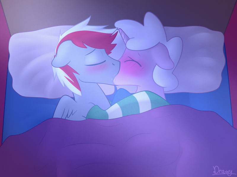 Size: 1600x1200 | Tagged: questionable, artist:timidwithapen, derpibooru import, oc, oc:drawalot, oc:knight fire, unofficial characters only, pegasus, pony, unicorn, bed, clothes, drool, gay, kissing, male, shipping, socks, striped socks