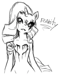 Size: 323x402 | Tagged: artist:nemu majo, black and white, black eye, blood, derpibooru import, grayscale, halloween, lil-miss rarity, monochrome, rarity, scar, semi-grimdark, solo