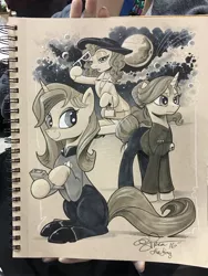 Size: 1536x2048 | Tagged: safe, artist:andypriceart, derpibooru import, ponified, earth pony, pony, unicorn, beverly crusher, clothes, female, glasses, hat, hoof hold, mare, photo, signature, sitting, solo, star trek, star trek: the next generation, traditional art, uniform