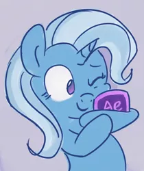 Size: 838x1000 | Tagged: dead source, safe, artist:aemantaslim, derpibooru import, trixie, pony, unicorn, after effects, female, happy, hug, mare, one eye closed, raised eyebrow, simple background, solo, squishy cheeks