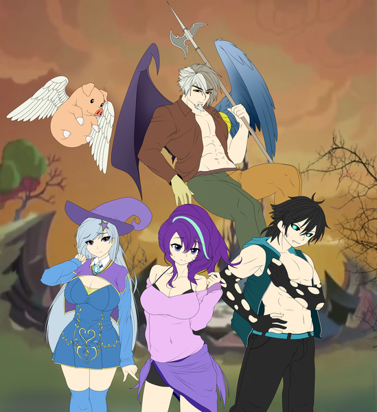 Size: 3200x3500 | Tagged: abs, anime, artist:magico-enma, breasts, busty starlight glimmer, busty trixie, clothes, derpibooru import, discord, female, flying pig, group, halberd, human, humanized, pig, reformed four, spread wings, starlight glimmer, suggestive, thorax, to where and back again, trixie, weapon, wip