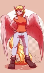 Size: 1200x2000 | Tagged: anthro, anthro oc, artist:mykegreywolf, clothes, derpibooru import, oc, oc:vee, pants, pegasus, safe, shoes, solo, unguligrade anthro, unofficial characters only