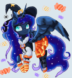 Size: 1000x1077 | Tagged: animated, artist:polishcrossoverfan, candy, clothes, cute, derpibooru import, food, gif, halloween, hat, nightmare night, pantyhose, pleated skirt, princess luna, safe, shirt, shoes, skirt, socks, solo, spider, striped socks, witch hat