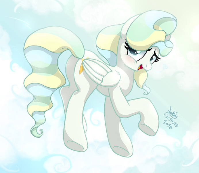 Size: 1960x1700 | Tagged: safe, artist:joakaha, derpibooru import, vapor trail, pegasus, pony, top bolt, blushing, cloud, cute, female, flying, mare, open mouth, plot, signature, solo, underhoof, vaporbetes