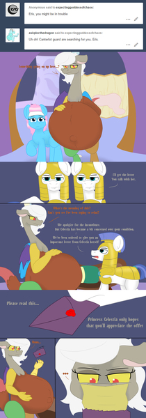 Size: 1280x3654 | Tagged: aloe, artist:theimmortalwolf, ask, belly, big belly, derpibooru import, discord, eris, huge eris, hyper, hyper pregnancy, implied princess celestia, impossibly large belly, pregnant, questionable, royal guard, rule 63, tumblr