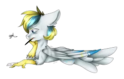 Size: 2344x1489 | Tagged: artist:crimsonnight888, cutie mark, derpibooru import, floppy ears, hippogriff, oc, oc:cirrus sky, original species, pencil, safe, solo, sweat, talons, unofficial characters only, writing