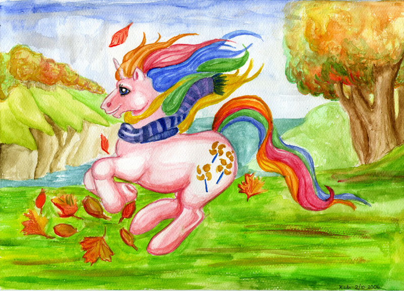 Size: 991x714 | Tagged: artist:nekokadi, autumn, clothes, derpibooru import, g1, nature, pinwheel, rainbow ponies, river, safe, scarf, solo, traditional art, tree