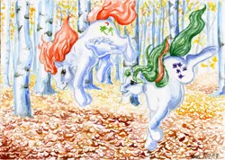 Size: 800x571 | Tagged: safe, artist:nekokadi, derpibooru import, gusty, paradise, autumn, forest, g1, leaves, traditional art