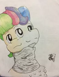 Size: 1724x2246 | Tagged: safe, artist:andandampersand, derpibooru import, oc, oc:andandampersand, unofficial characters only, bust, fluffy, neck gaiter, portrait, smiling, solo, three faces, traditional art