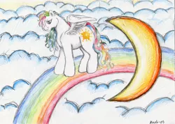 Size: 600x428 | Tagged: artist:nekokadi, cloud, derpibooru import, g1, moon, rainbow, safe, solo, starshine, tangible heavenly object