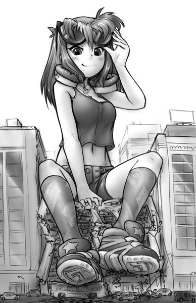 Size: 653x1009 | Tagged: safe, artist:alloyrabbit, derpibooru import, vinyl scratch, equestria girls, belly button, building, city, clothes, destruction, giantess, headphones, macro, midriff, monochrome, shoes, shorts, sitting, sneakers, socks, sunglasses, vehicle