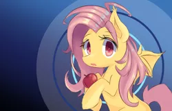 Size: 1964x1271 | Tagged: safe, artist:kawaiipony2, derpibooru import, fluttershy, bat pony, pony, apple, cute, flutterbat, fruit, hoof hold, looking at you, open mouth, race swap, red eyes, shyabates, shyabetes, solo