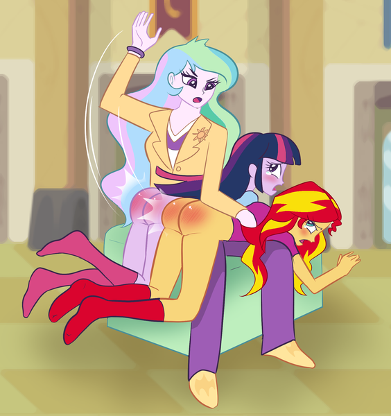 Size: 1879x2000 | Tagged: questionable, artist:loulouvz, derpibooru import, princess celestia, sunset shimmer, twilight sparkle, twilight sparkle (alicorn), equestria girls, ass, blushing, bunset shimmer, butt, clothes, crying, discipline, female, females only, image, over the knee, png, principal celestia, punishment, red butt, reddened butt, socks, spanking, twibutt