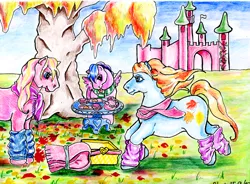 Size: 700x515 | Tagged: artist:nekokadi, autumn skye, castle, clothes, derpibooru import, firefly, g1, g3, magic marigold, picnic, safe, traditional art