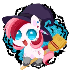 Size: 600x600 | Tagged: artist:exceru-karina, bat, broom, chibi, clothes, costume, derpibooru import, ear piercing, flying, flying broomstick, looking at you, oc, oc:rouge swirl, open mouth, piercing, safe, simple background, smiling, solo, spider web, transparent background, unofficial characters only, witch