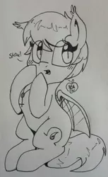 Size: 783x1280 | Tagged: safe, artist:notenoughapples, derpibooru import, oc, oc:capillary, unofficial characters only, bat pony, pony, blushing, eeee, inktober, jewelry, monochrome, necklace, skree, solo, traditional art
